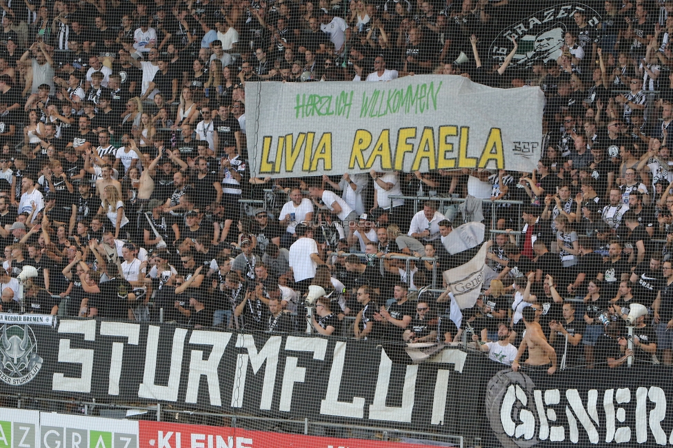 Sturm Graz - RB Salzburg
Oesterreichische Fussball Bundesliga, 2. Runde, SK Sturm Graz - FC RB Salzburg, Stadion Liebenau Graz, 30.07.2022. 

Foto zeigt Fans von Sturm mit einem Spruchband
Schlüsselwörter: baby sturmflut