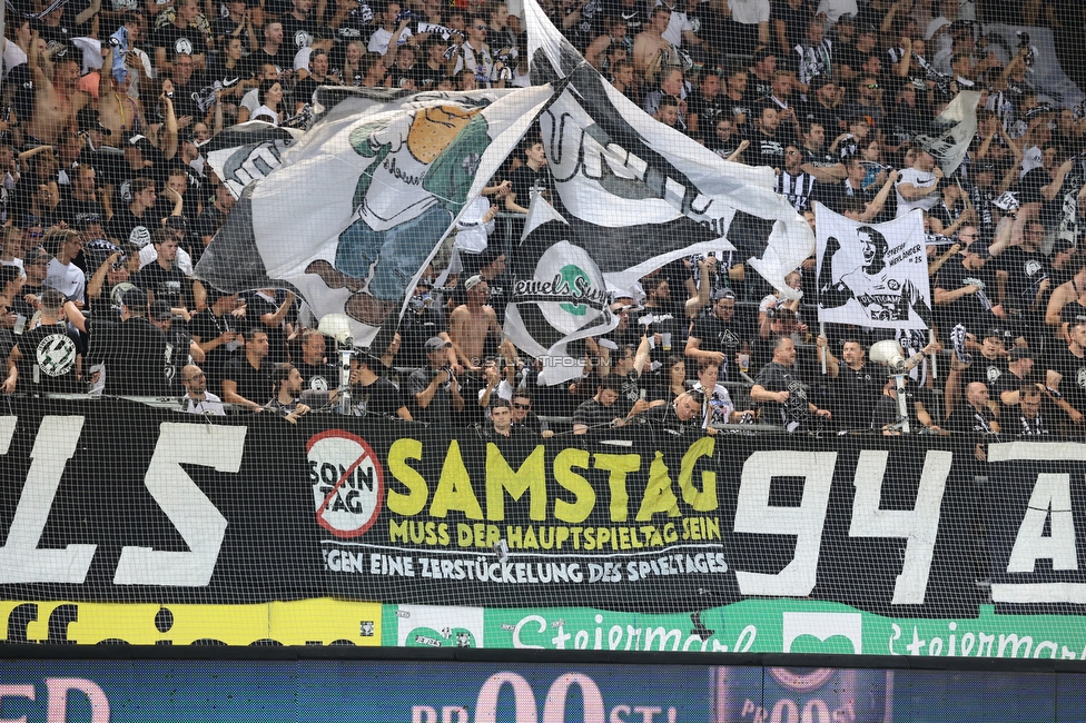 Sturm Graz - RB Salzburg
Oesterreichische Fussball Bundesliga, 2. Runde, SK Sturm Graz - FC RB Salzburg, Stadion Liebenau Graz, 30.07.2022. 

Foto zeigt Fans von Sturm mit einem Spruchband
Schlüsselwörter: samstag