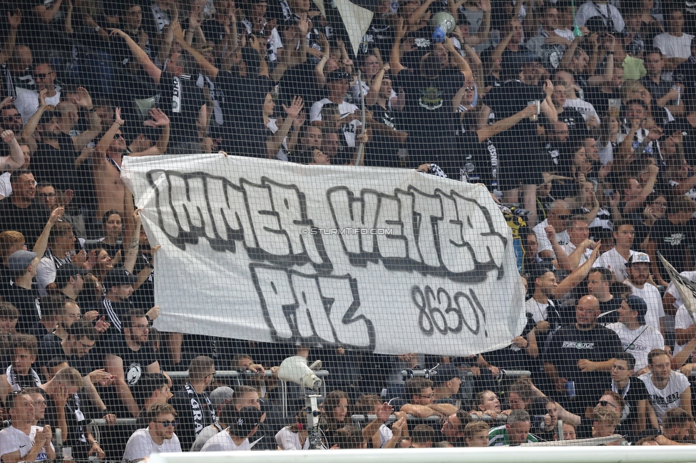 Sturm Graz - RB Salzburg
Oesterreichische Fussball Bundesliga, 2. Runde, SK Sturm Graz - FC RB Salzburg, Stadion Liebenau Graz, 30.07.2022. 

Foto zeigt Fans von Sturm mit einem Spruchband
