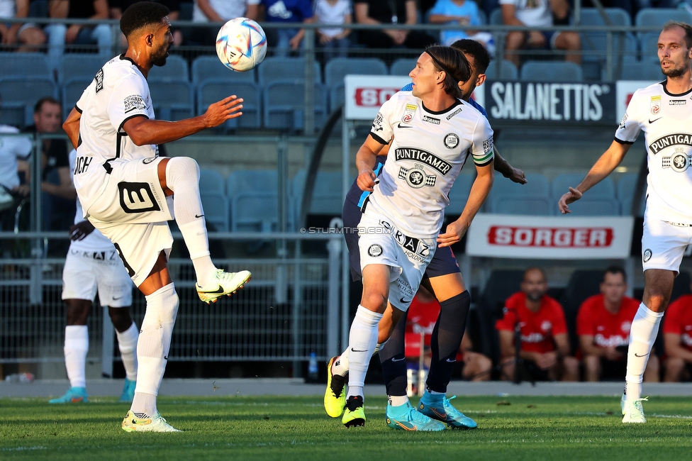 Sturm Graz - RB Salzburg
Oesterreichische Fussball Bundesliga, 2. Runde, SK Sturm Graz - FC RB Salzburg, Stadion Liebenau Graz, 30.07.2022. 

Foto zeigt Gregory Wuethrich (Sturm) und Stefan Hierlaender (Sturm)
