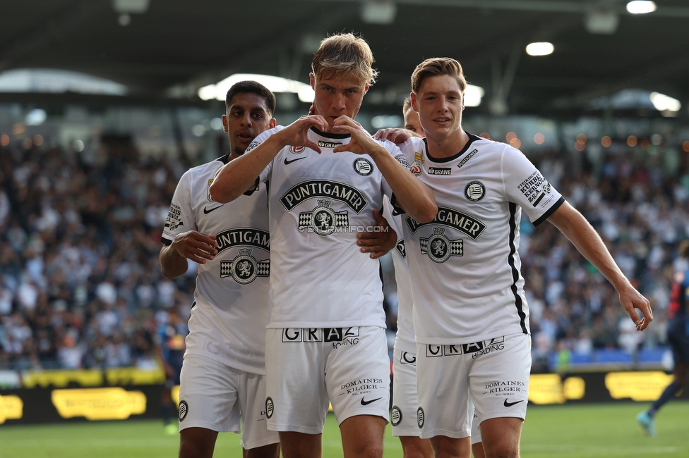 Sturm Graz - RB Salzburg
Oesterreichische Fussball Bundesliga, 2. Runde, SK Sturm Graz - FC RB Salzburg, Stadion Liebenau Graz, 30.07.2022. 

Foto zeigt Manprit Sarkaria (Sturm), Rasmus Hoejlund (Sturm) und Alexander Prass (Sturm)
Schlüsselwörter: torjubel