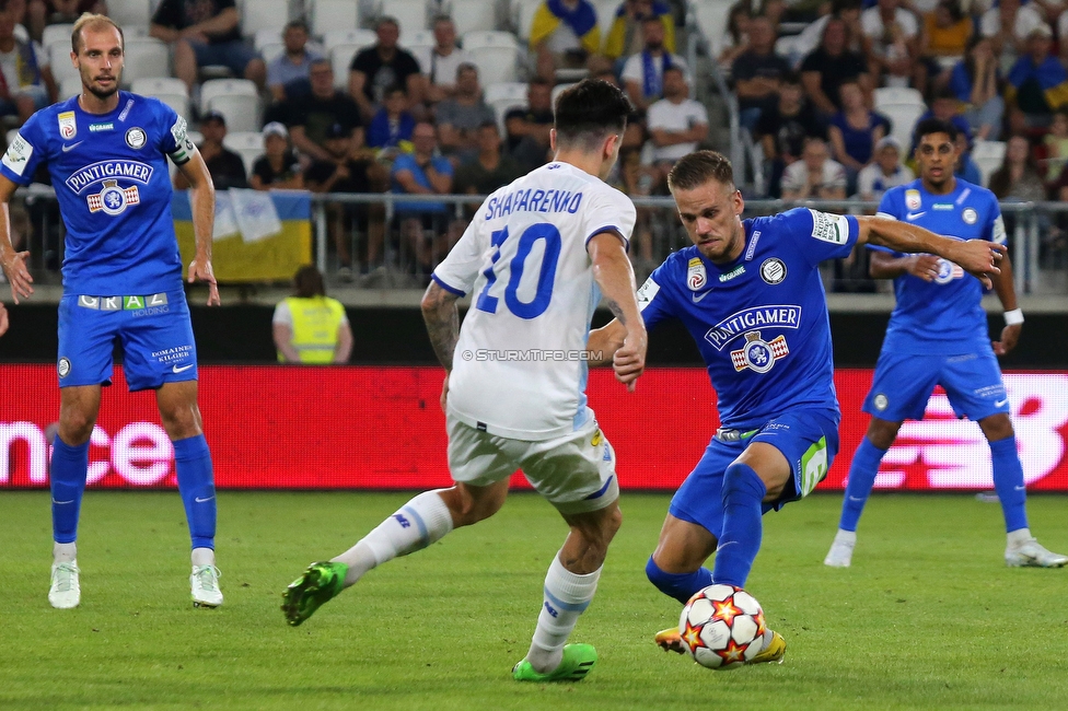 Dynamo Kiew - Sturm Graz
UEFA Champions League Qualifikation 3. Runde, Dynamo Kiew - SK Sturm Graz, Stadion LKS Lodz, 03.08.2022. 

Foto zeigt Jon Gorenc-Stankovic (Sturm) und Tomi Horvat (Sturm)
