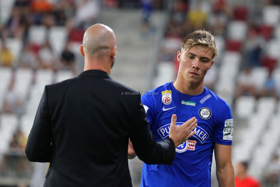 Dynamo Kiew - Sturm Graz
UEFA Champions League Qualifikation 3. Runde, Dynamo Kiew - SK Sturm Graz, Stadion LKS Lodz, 03.08.2022. 

Foto zeigt Christian Ilzer (Cheftrainer Sturm) und Rasmus Hoejlund (Sturm)
