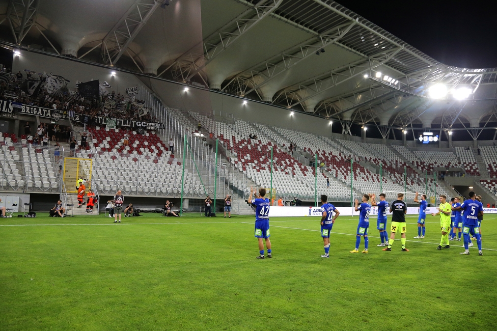 Dynamo Kiew - Sturm Graz
UEFA Champions League Qualifikation 3. Runde, Dynamo Kiew - SK Sturm Graz, Stadion LKS Lodz, 03.08.2022. 

Foto zeigt die Mannschaft von Sturm und Fans von Sturm
