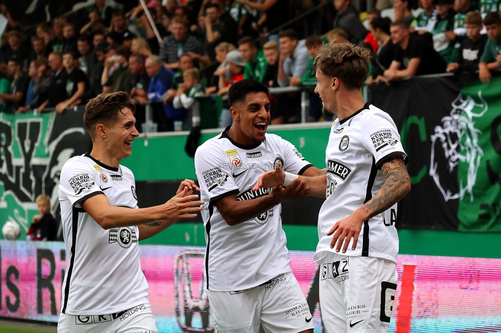 Ried - Sturm Graz
Oesterreichische Fussball Bundesliga, 3. Runde, SV Ried - SK Sturm Graz, Arena Ried, 06.08.2022. 

Foto zeigt Manprit Sarkaria (Sturm) und Christoph Lang (Sturm)
Schlüsselwörter: torjubel