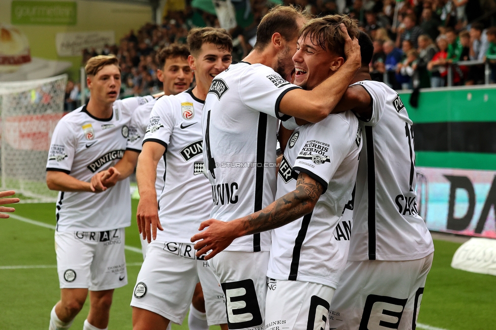 Ried - Sturm Graz
Oesterreichische Fussball Bundesliga, 3. Runde, SV Ried - SK Sturm Graz, Arena Ried, 06.08.2022. 

Foto zeigt Jon Gorenc-Stankovic (Sturm) und Christoph Lang (Sturm)
Schlüsselwörter: torjubel