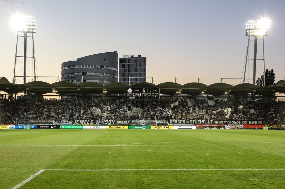 Sturm Graz - Dynamo Kiew
UEFA Champions League Qualifikation 3. Runde, SK Sturm Graz - FC Dynamo Kiew, Stadion Liebenau Graz, 09.08.2022. 

Foto zeigt Fans von Sturm mit einer Choreografie
