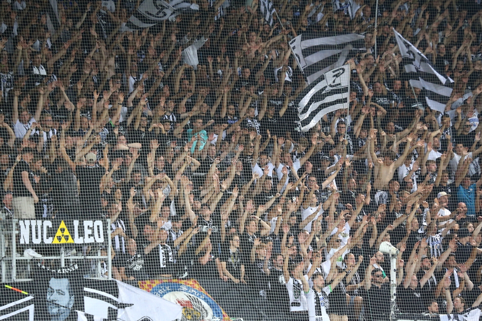 Sturm Graz - Dynamo Kiew
UEFA Champions League Qualifikation 3. Runde, SK Sturm Graz - FC Dynamo Kiew, Stadion Liebenau Graz, 09.08.2022. 

Foto zeigt Fans von Sturm
