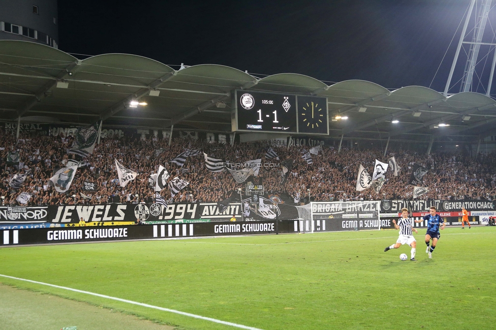 Sturm Graz - Dynamo Kiew
UEFA Champions League Qualifikation 3. Runde, SK Sturm Graz - FC Dynamo Kiew, Stadion Liebenau Graz, 09.08.2022. 

Foto zeigt Fans von Sturm
