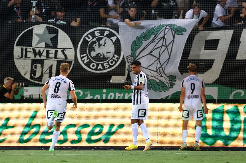 Sturm Graz - Dynamo Kiew
UEFA Champions League Qualifikation 3. Runde, SK Sturm Graz - FC Dynamo Kiew, Stadion Liebenau Graz, 09.08.2022. 

Foto zeigt Alexander Prass (Sturm), Manprit Sarkaria (Sturm) und Rasmus Hoejlund (Sturm)
Schlüsselwörter: torjubel