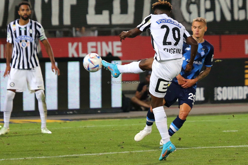 Sturm Graz - Dynamo Kiew
UEFA Champions League Qualifikation 3. Runde, SK Sturm Graz - FC Dynamo Kiew, Stadion Liebenau Graz, 09.08.2022. 

Foto zeigt Gregory Wuethrich (Sturm) und Mohammed Fuseini (Sturm)
