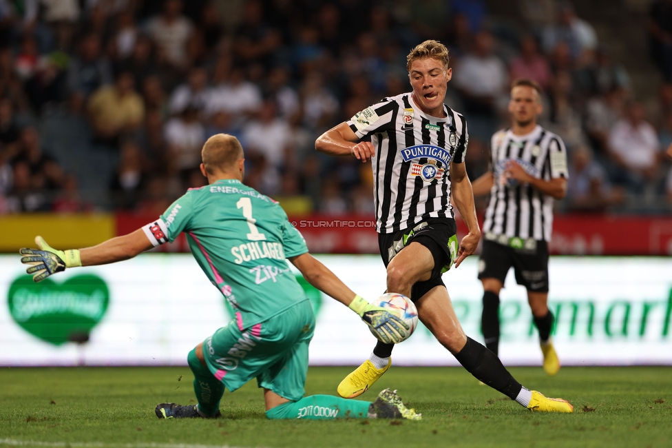 Sturm Graz - LASK
Oesterreichische Fussball Bundesliga, 5. Runde, SK Sturm Graz - LASK, Stadion Liebenau Graz, 20.08.2022. 

Foto zeigt Rasmus Hoejlund (Sturm)
