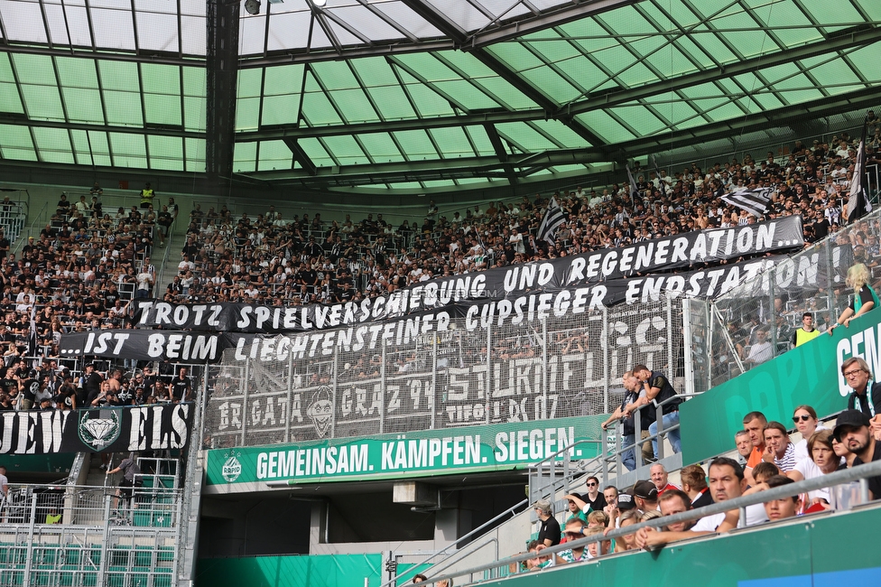 Rapid Wien - Sturm Graz
Oesterreichische Fussball Bundesliga, 6. Runde, SK Rapid Wien - SK Sturm Graz, Weststadion Wien, 28.08.2022. 

Foto zeigt Fans von Sturm mit einem Spruchband
