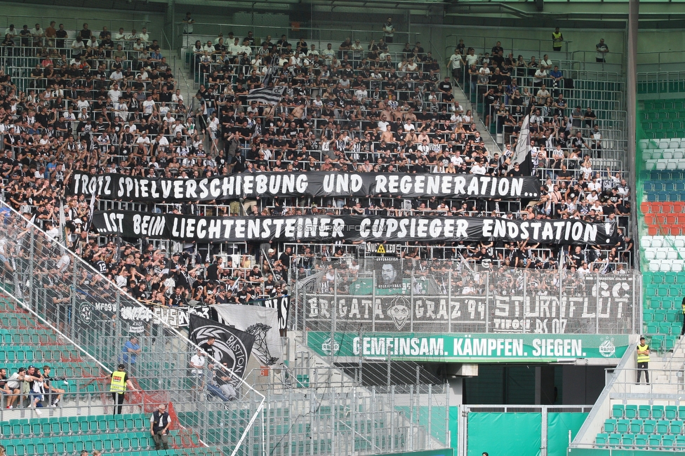 Rapid Wien - Sturm Graz
Oesterreichische Fussball Bundesliga, 6. Runde, SK Rapid Wien - SK Sturm Graz, Weststadion Wien, 28.08.2022. 

Foto zeigt Fans von Sturm mit einem Spruchband
