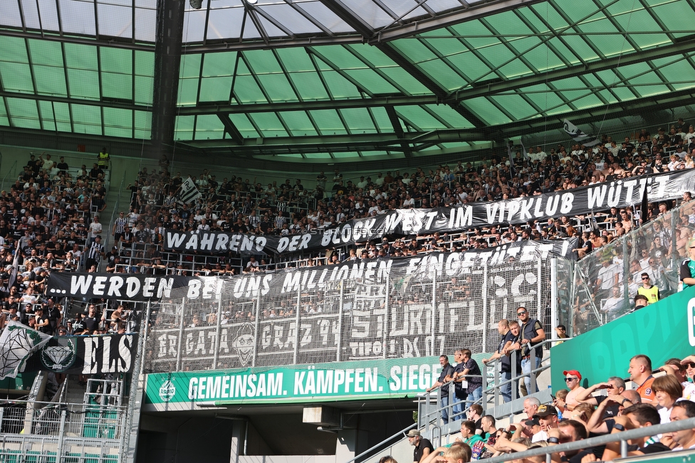 Rapid Wien - Sturm Graz
Oesterreichische Fussball Bundesliga, 6. Runde, SK Rapid Wien - SK Sturm Graz, Weststadion Wien, 28.08.2022. 

Foto zeigt Fans von Sturm mit einem Spruchband
