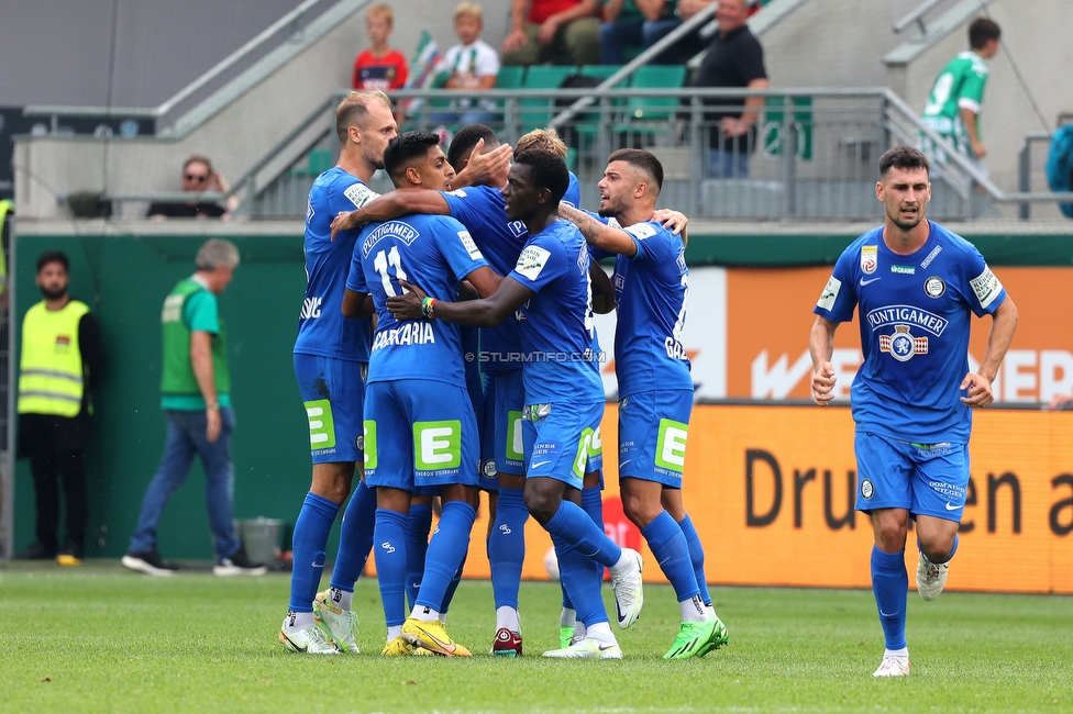 Rapid Wien - Sturm Graz
Oesterreichische Fussball Bundesliga, 6. Runde, SK Rapid Wien - SK Sturm Graz, Weststadion Wien, 28.08.2022. 

Foto zeigt Jon Gorenc-Stankovic (Sturm), Manprit Sarkaria (Sturm), Amadou Dante (Sturm), Gregory Wuethrich (Sturm), Jusuf Gazibegovic (Sturm) und Alexandar Borkovic (Sturm)
Schlüsselwörter: torjubel