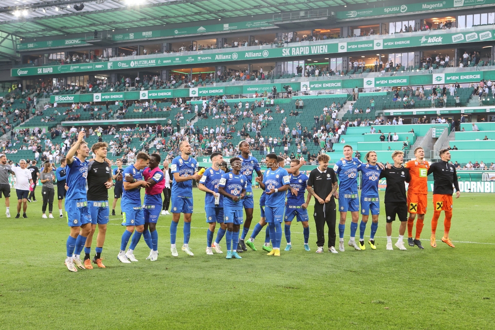 Rapid Wien - Sturm Graz
Oesterreichische Fussball Bundesliga, 6. Runde, SK Rapid Wien - SK Sturm Graz, Weststadion Wien, 28.08.2022. 

Foto zeigt die Mannschaft von Sturm und Fans von Sturm
Schlüsselwörter: jubel