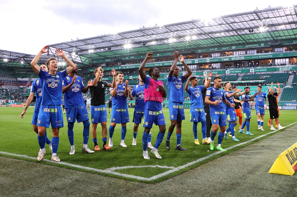 Rapid Wien - Sturm Graz
Oesterreichische Fussball Bundesliga, 6. Runde, SK Rapid Wien - SK Sturm Graz, Weststadion Wien, 28.08.2022. 

Foto zeigt die Mannschaft von Sturm und Fans von Sturm
Schlüsselwörter: jubel