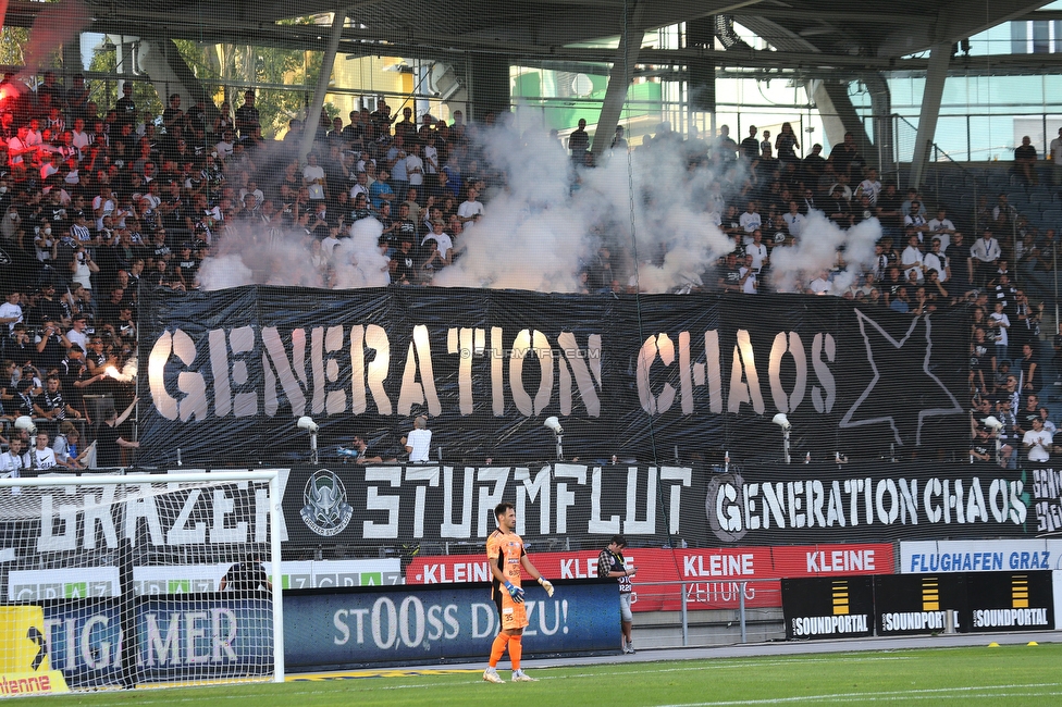 Sturm Graz - Hartberg
Oesterreichische Fussball Bundesliga, 7. Runde, SK Sturm Graz - TSV Hartberg, Stadion Liebenau Graz, 03.09.2022. 

Foto zeigt Fans von Sturm mit einer Choreografie
Schlüsselwörter: generationchaos pyrotechnik