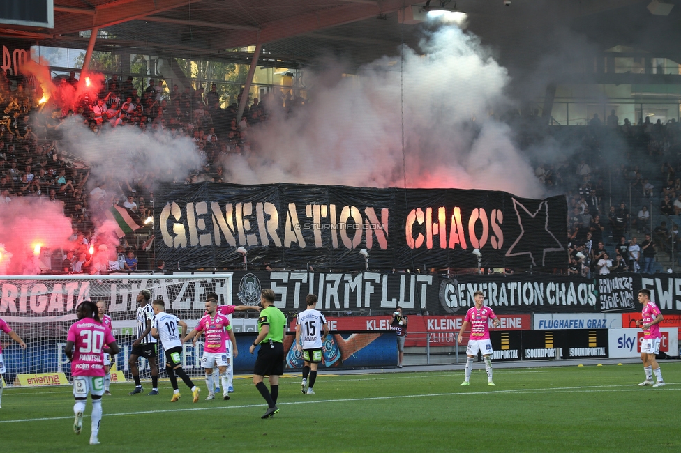 Sturm Graz - Hartberg
Oesterreichische Fussball Bundesliga, 7. Runde, SK Sturm Graz - TSV Hartberg, Stadion Liebenau Graz, 03.09.2022. 

Foto zeigt Fans von Sturm mit einer Choreografie
Schlüsselwörter: generationchaos pyrotechnik