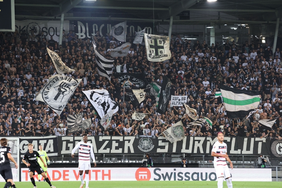 Sturm Graz - Midtjylland
UEFA Europa League Gruppenphase 1. Spieltag, SK Sturm Graz - FC Midtjylland, Stadion Liebenau Graz, 08.09.2022. 

Foto zeigt Fans von Sturm
Schlüsselwörter: sturmflut