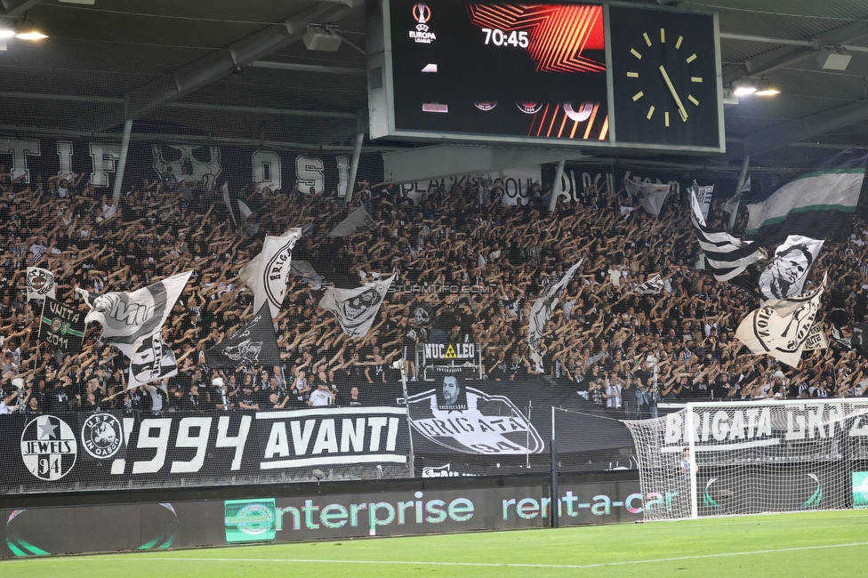 Sturm Graz - Midtjylland
UEFA Europa League Gruppenphase 1. Spieltag, SK Sturm Graz - FC Midtjylland, Stadion Liebenau Graz, 08.09.2022. 

Foto zeigt Fans von Sturm
Schlüsselwörter: brigata