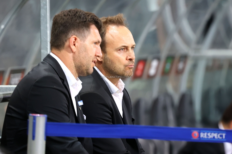 Sturm Graz - Midtjylland
UEFA Europa League Gruppenphase 1. Spieltag, SK Sturm Graz - FC Midtjylland, Stadion Liebenau Graz, 08.09.2022. 

Foto zeigt Andreas Schicker (sportl. Geschaeftsfuehrer Sturm) und Thomas Tebbich (wirtsch. Geschaeftsfuehrer Sturm)
