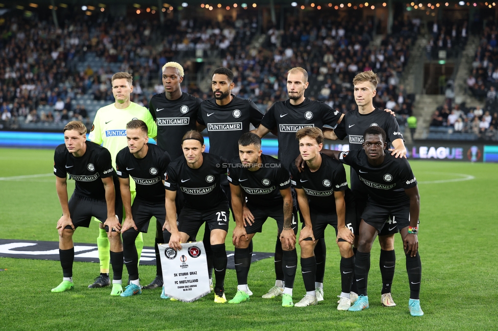 Sturm Graz - Midtjylland
UEFA Europa League Gruppenphase 1. Spieltag, SK Sturm Graz - FC Midtjylland, Stadion Liebenau Graz, 08.09.2022. 

Foto zeigt die Mannschaft von Sturm
