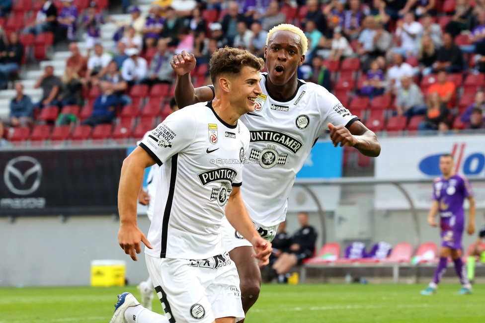 Klagenfurt - Sturm Graz
Oesterreichische Fussball Bundesliga, 8. Runde, SK Austria Klagenfurt - SK Sturm Graz, Woerthersee Stadion Wien, 11.09.2022. 

Foto zeigt Ivan Ljubic (Sturm) und Emanuel Emegha (Sturm)
Schlüsselwörter: torjubel