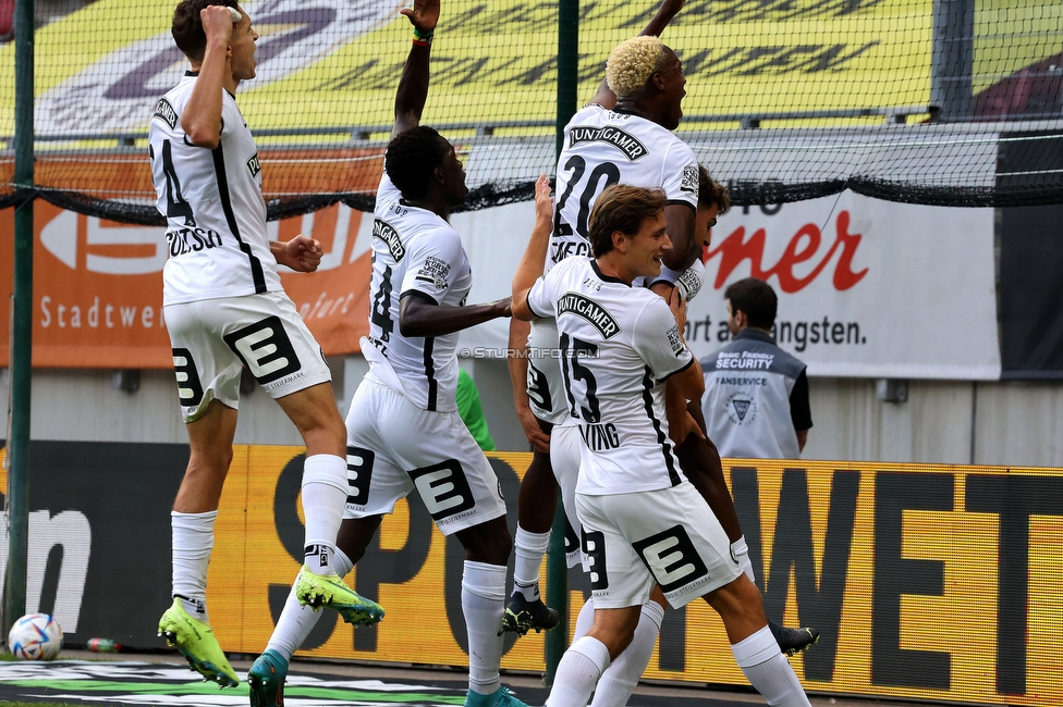 Klagenfurt - Sturm Graz
Oesterreichische Fussball Bundesliga, 8. Runde, SK Austria Klagenfurt - SK Sturm Graz, Woerthersee Stadion Wien, 11.09.2022. 

Foto zeigt Ivan Ljubic (Sturm), Jon Gorenc-Stankovic (Sturm), Emanuel Emegha (Sturm) und William Boeving (Sturm)
Schlüsselwörter: torjubel