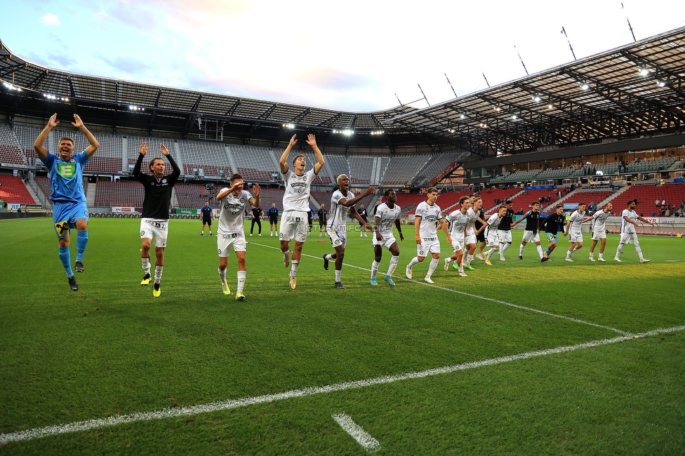 Klagenfurt - Sturm Graz
Oesterreichische Fussball Bundesliga, 8. Runde, SK Austria Klagenfurt - SK Sturm Graz, Woerthersee Stadion Wien, 11.09.2022. 

Foto zeigt die Mannschaft von Sturm
Schlüsselwörter: jubel