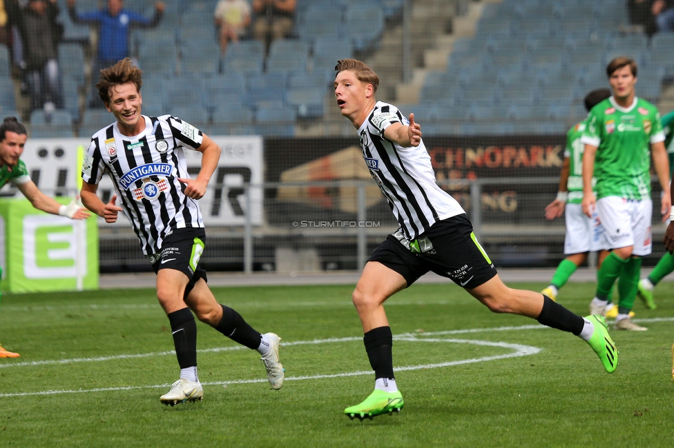 Sturm Graz - Austria Lustenau
Oesterreichische Fussball Bundesliga, 9. Runde, SK Sturm Graz - SC Austria Lustenau, Stadion Liebenau Graz, 18.09.2022. 

Foto zeigt William Boeving (Sturm) und Alexander Prass (Sturm)
Schlüsselwörter: torjubel