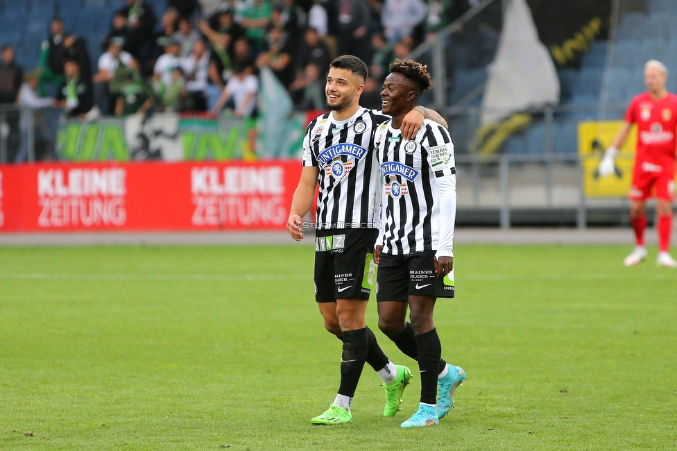 Sturm Graz - Austria Lustenau
Oesterreichische Fussball Bundesliga, 9. Runde, SK Sturm Graz - SC Austria Lustenau, Stadion Liebenau Graz, 18.09.2022. 

Foto zeigt Jusuf Gazibegovic (Sturm) und Mohammed Fuseini (Sturm)
Schlüsselwörter: torjubel