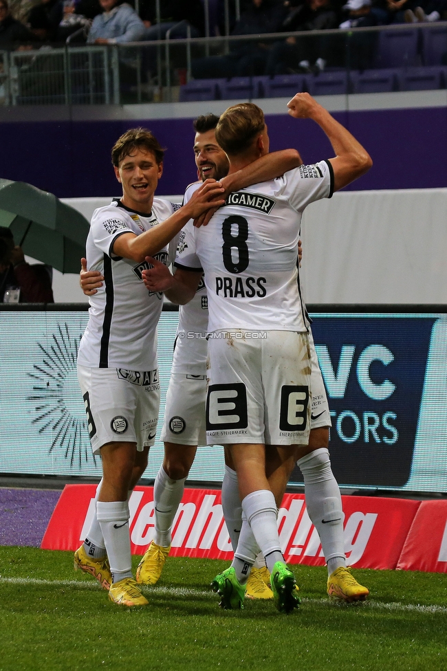 Austria Wien - Sturm Graz
Oesterreichische Fussball Bundesliga, 10. Runde, FK Austria Wien - SK Sturm Graz, Generali-Arena Wien, 02.10.2022. 

Foto zeigt Albian Ajeti (Sturm), Alexander Prass (Sturm) und William Boeving (Sturm)
