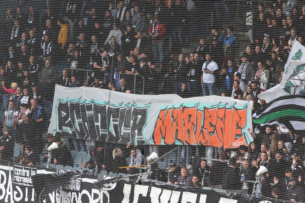 Sturm Graz - Tirol
Oesterreichische Fussball Bundesliga, 11. Runde, SK Sturm Graz - WSG Tirol, Stadion Liebenau Graz, 09.10.2022. 

Foto zeigt Fans von Sturm mit einem Spruchband
Schlüsselwörter: bastion baby