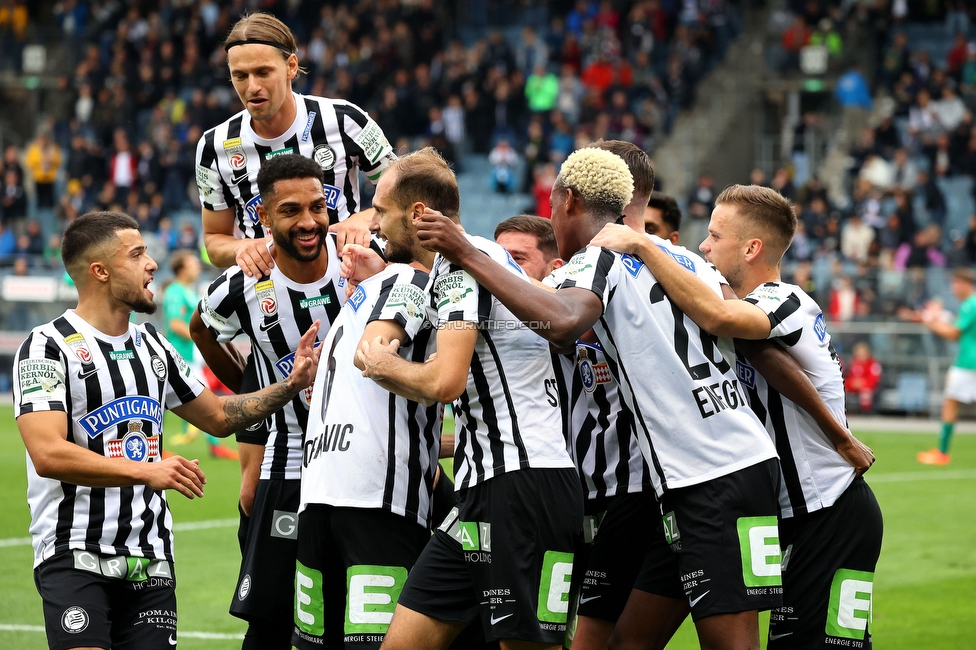 Sturm Graz - Tirol
Oesterreichische Fussball Bundesliga, 11. Runde, SK Sturm Graz - WSG Tirol, Stadion Liebenau Graz, 09.10.2022. 

Foto zeigt Jusuf Gazibegovic (Sturm), Stefan Hierlaender (Sturm), Gregory Wuethrich (Sturm), Alexandar Borkovic (Sturm), Jon Gorenc-Stankovic (Sturm) und Jusuf Gazibegovic (Sturm)
Schlüsselwörter: torjubel