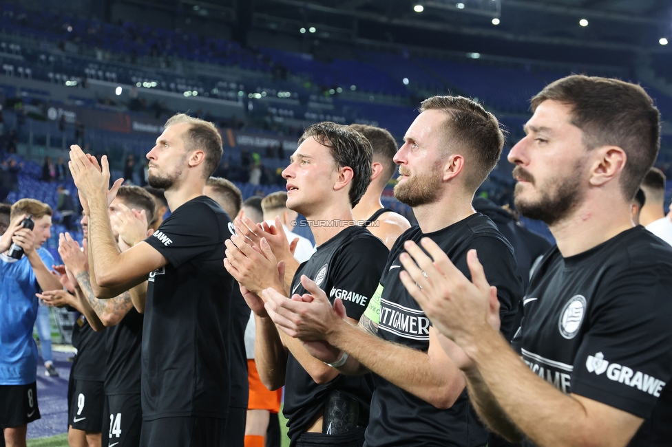 Lazio - Sturm Graz
UEFA Europa League Gruppenphase 4. Spieltag, SS Lazio - SK Sturm Graz, Stadio Olimpico Rom, 13.10.2022. 

Foto zeigt Jon Gorenc-Stankovic (Sturm), William Boeving (Sturm), Jakob Jantscher (Sturm) und Otar Kiteishvili (Sturm)
