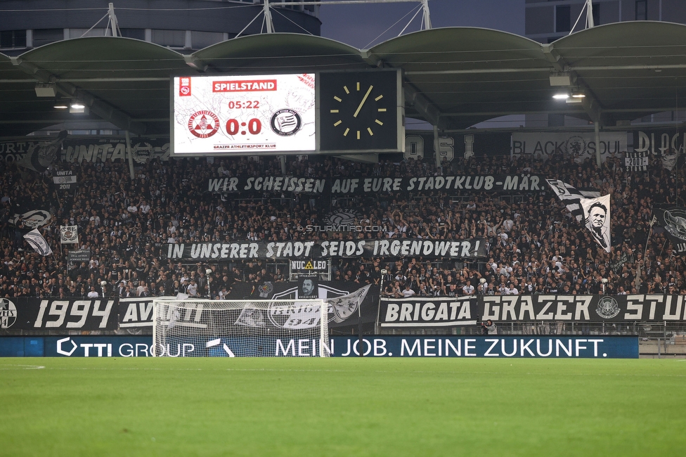 GAK - Sturm Graz
OEFB Cup, 3. Runde, Grazer AK 1902 - SK Sturm Graz, Stadion Liebenau Graz, 19.10.2022. 

Foto zeigt Fans von Sturm mit einem Spruchband
Schlüsselwörter: sturmstadion