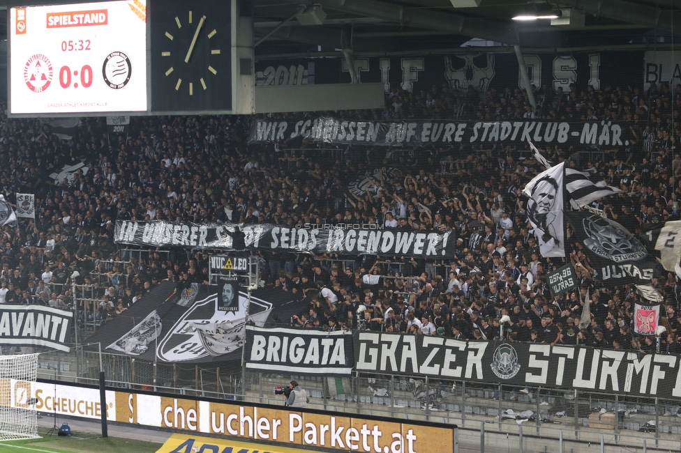 GAK - Sturm Graz
OEFB Cup, 3. Runde, Grazer AK 1902 - SK Sturm Graz, Stadion Liebenau Graz, 19.10.2022. 

Foto zeigt Fans von Sturm mit einem Spruchband
Schlüsselwörter: sturmstadion
