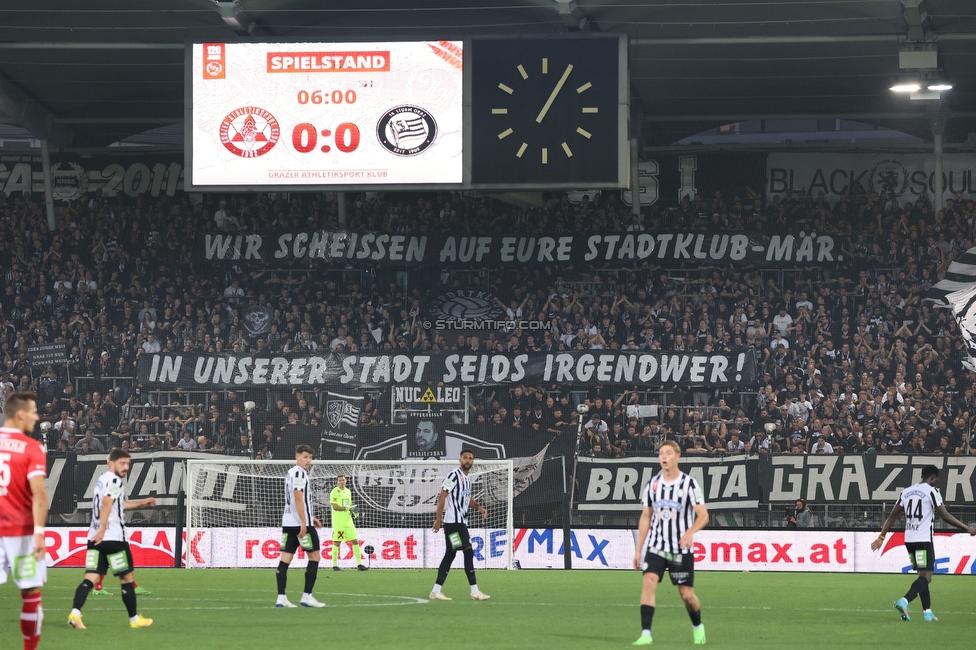 GAK - Sturm Graz
OEFB Cup, 3. Runde, Grazer AK 1902 - SK Sturm Graz, Stadion Liebenau Graz, 19.10.2022. 

Foto zeigt Fans von Sturm mit einem Spruchband
Schlüsselwörter: sturmstadion