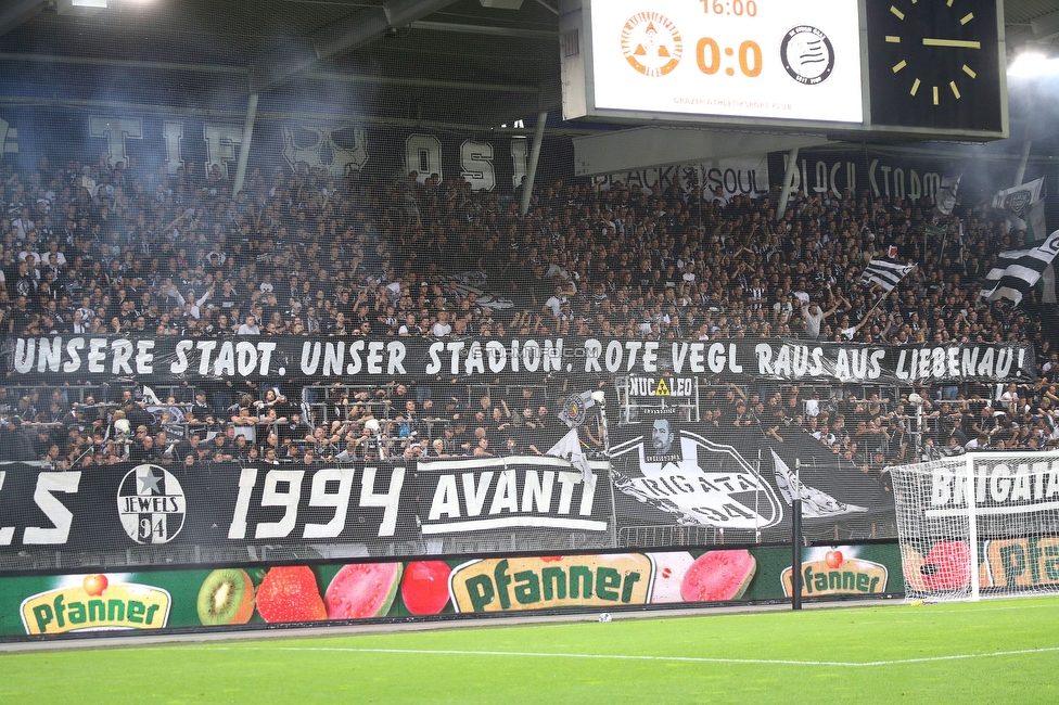 GAK - Sturm Graz
OEFB Cup, 3. Runde, Grazer AK 1902 - SK Sturm Graz, Stadion Liebenau Graz, 19.10.2022. 

Foto zeigt Fans von Sturm mit einem Spruchband
