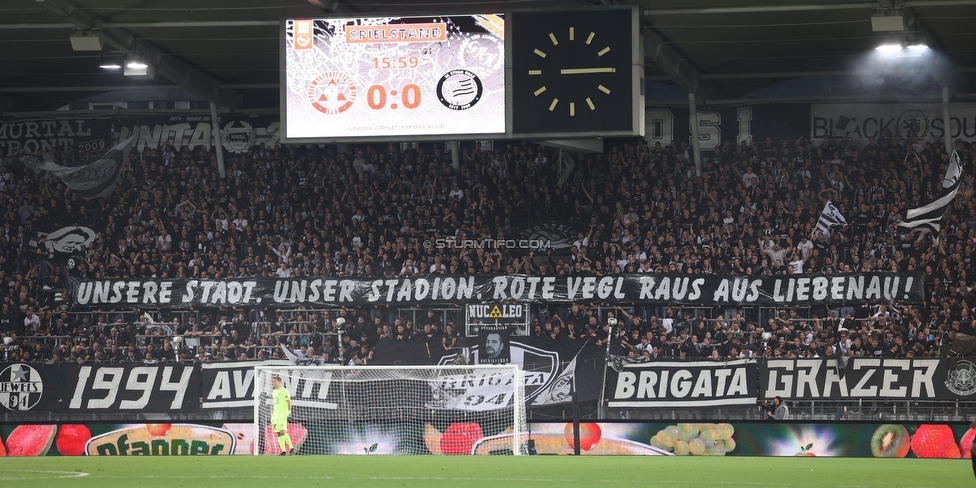 GAK - Sturm Graz
OEFB Cup, 3. Runde, Grazer AK 1902 - SK Sturm Graz, Stadion Liebenau Graz, 19.10.2022. 

Foto zeigt Fans von Sturm mit einem Spruchband
Schlüsselwörter: sturmstadion