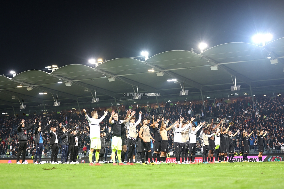 Sturm Graz - Feyenoord
UEFA Europa League Gruppenphase 5. Spieltag, SK Sturm Graz - Feyenoord Rotterdam, Stadion Liebenau Graz, 27.10.2022. 

Foto zeigt die Mannschaft von Sturm
Schlüsselwörter: jubel