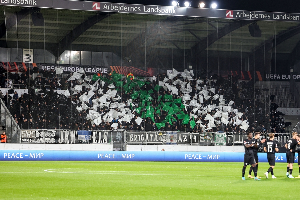 Midtjylland - Sturm Graz
UEFA Europa League Gruppenphase 6. Spieltag, FC Midtjylland - SK Sturm Graz, Arena Herning, 03.11.2022. 

Foto zeigt Fans von Sturm mit einer Choreografie
