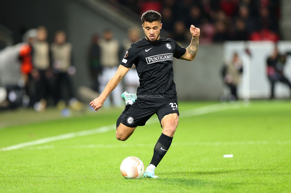 Midtjylland - Sturm Graz
UEFA Europa League Gruppenphase 6. Spieltag, FC Midtjylland - SK Sturm Graz, Arena Herning, 03.11.2022. 

Foto zeigt Jusuf Gazibegovic (Sturm)
