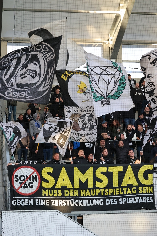 Altach - Sturm Graz
Oesterreichische Fussball Bundesliga, 15. Runde, SCR Altach - SK Sturm Graz, Stadion Schnabelholz Altach, 06.11.2022. 

Foto zeigt Fans von Sturm mit einem Spruchband
Schlüsselwörter: samstag