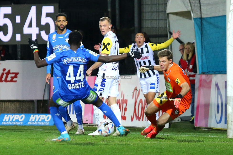 LASK - Sturm Graz
Oesterreichische Fussball Bundesliga, 16. Runde,  LASK - SK Sturm Graz, Raiffeisen Arena Pasching, 13.11.2022. 

Foto zeigt Amadou Dante (Sturm) und Joerg Siebenhandl (Sturm)
