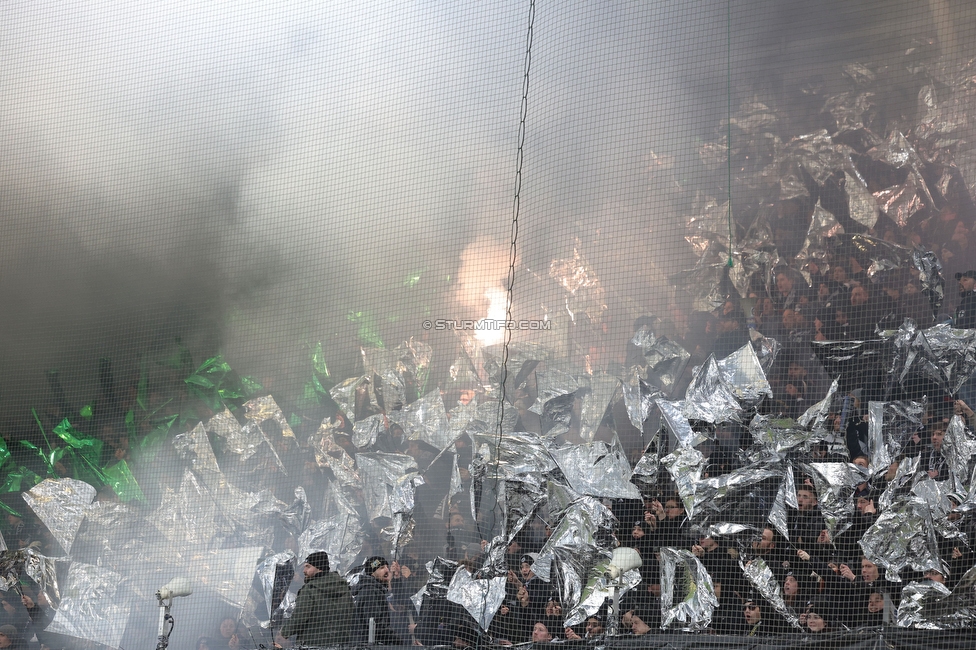 Sturm Graz - Rapid Wien
Oesterreichische Fussball Bundesliga, 17. Runde, SK Sturm Graz - SK Rapid Wien, Stadion Liebenau Graz, 10.02.2023. 

Foto zeigt Fans von Sturm mit einer Choreografie
Schlüsselwörter: pyrotechnik