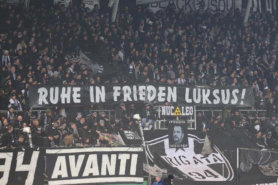 Sturm Graz - Rapid Wien
Oesterreichische Fussball Bundesliga, 17. Runde, SK Sturm Graz - SK Rapid Wien, Stadion Liebenau Graz, 10.02.2023. 

Foto zeigt Fans von Sturm mit einem Spruchband
