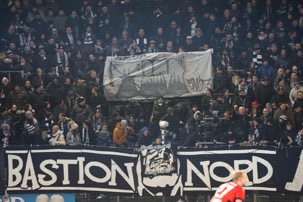 Sturm Graz - Rapid Wien
Oesterreichische Fussball Bundesliga, 17. Runde, SK Sturm Graz - SK Rapid Wien, Stadion Liebenau Graz, 10.02.2023. 

Foto zeigt Fans von Sturm mit einem Spruchband
Schlüsselwörter: bastion